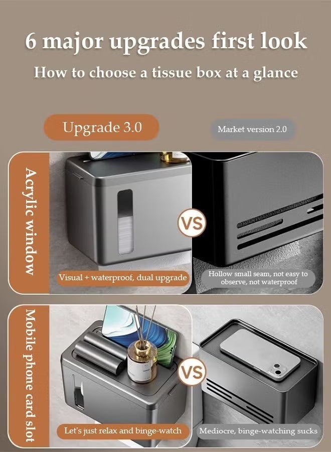 Reelyo Wall-Mounted Tissue Holder Punch-Free Self Adhesive Tissue Dispenser Transparent Punch-Free Bathroom Toilet Paper Case Phone Rack Clear Tissue Storage with storage function For Bathroom Living Room Bedroom  Office White - Image 4